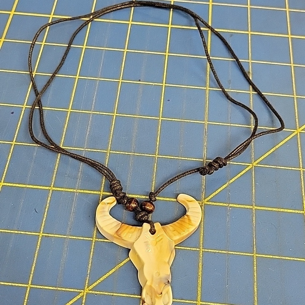 Bull Skull Cow Antler Black Pleather Adjustable Necklace Western